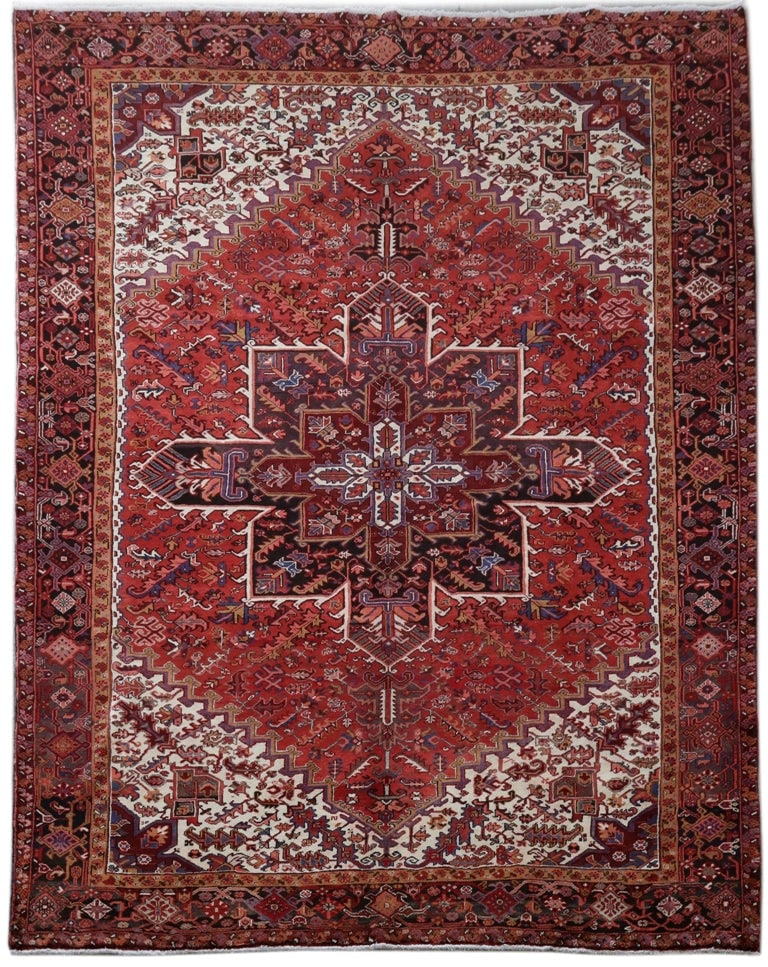 Handcrafted 10'3 x 14' Red Persian Heriz Area Rug Premium Wool: Handcrafted 10'3 x 14' Red Persian Heriz Area Rug Premium Wool Free continental US Shipping Indulge in the timeless allure of this exquisite 10' 3" x 14' Red Persian Heriz Rug, handcrafted by skilled
