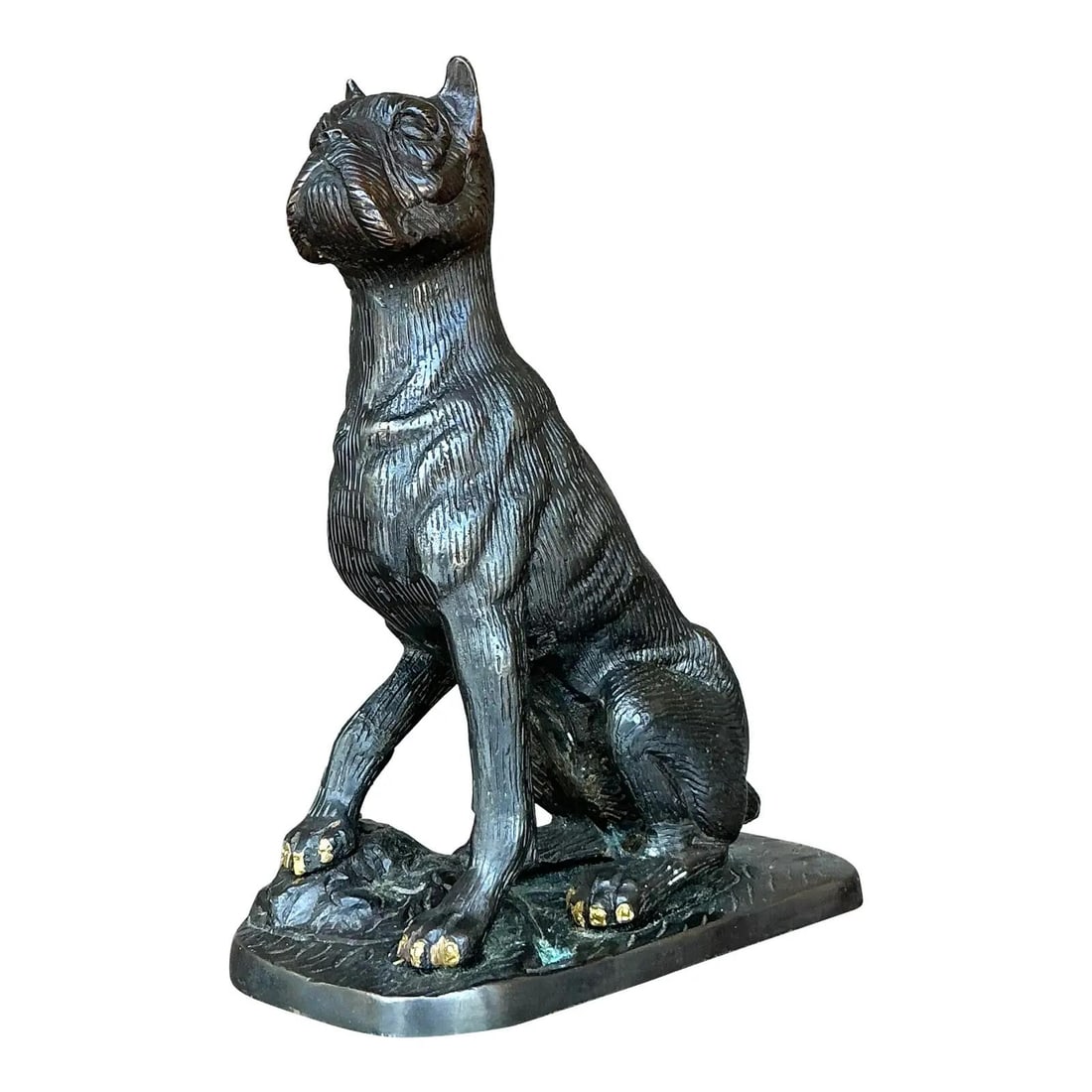 Vintage Patinated Metal Dog Sculpture Boho Decor: Vintage Patinated Metal Dog Sculpture Boho Decor Enhance your home decor with this captivating vintage patinated metal sculpture of a seated dog. Crafted from a bronze-toned alloy, this sculpture show