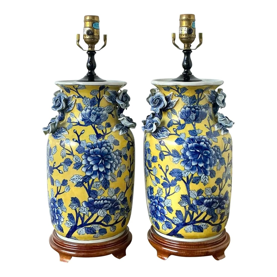 Pair of Chinoiserie Yellow Ceramic Table Lamps with Blue Peony and Rose Detail (1 of 10)