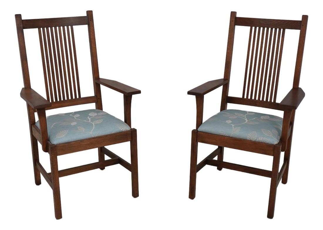 Pair of Stickley Mission Oak Armchairs with Leaf Print Upholstery (1 of 10)
