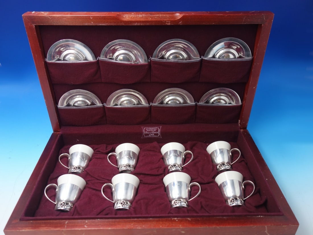 La Paglia Sterling Silver 16pc Demitasse Set with Box: La Paglia Sterling Silver 16pc Demitasse Set with Box Presenting a stunning 16-piece demitasse set by La Paglia, crafted from sterling silver. This exquisite collection, produced by International, fea