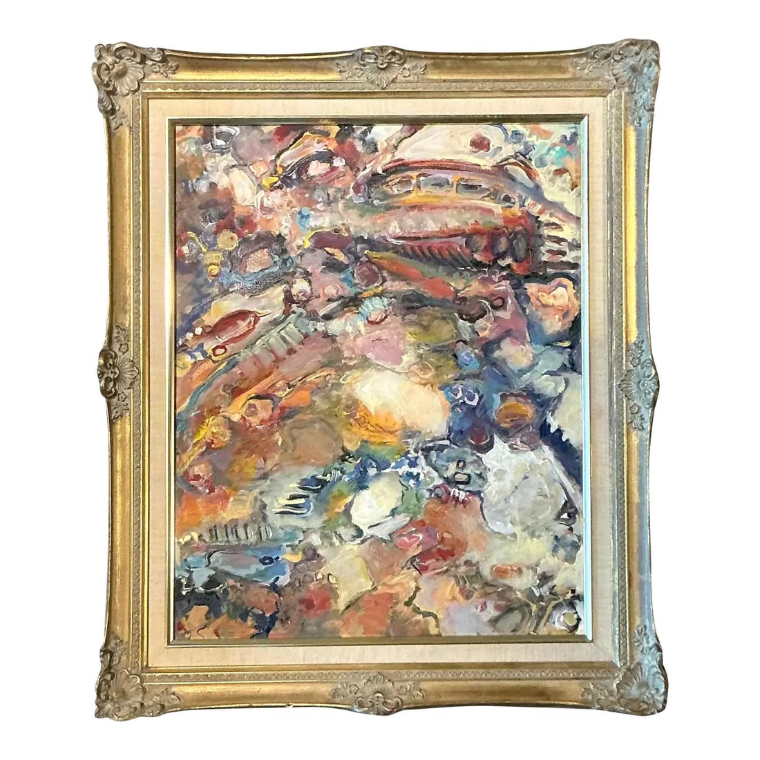Mid Century Abstract Expressionist Oil Painting in Gilt Frame 18 x 22 Inches: Mid Century Abstract Expressionist Oil Painting in Gilt Frame 18 x 22 Inches This original mid-century abstract oil painting features expressive brushwork and a textured impasto technique in a vibrant