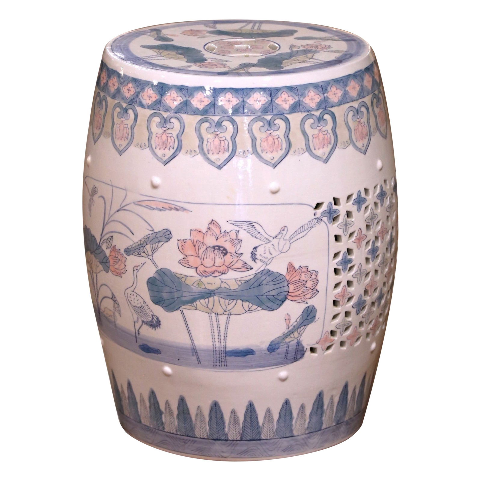 Porcelain Garden Seat with Lotus and Crane Decoration China Circa 1960 (1 of 9)