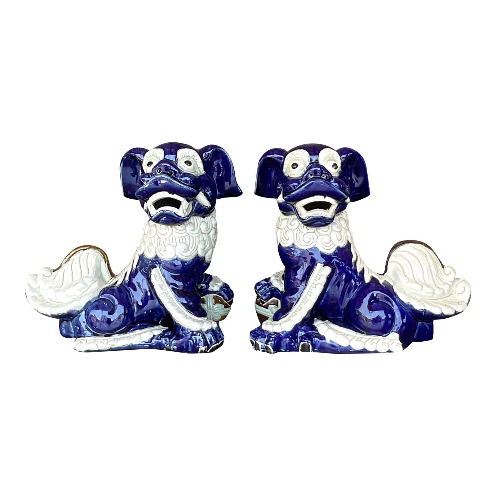 Pair of Vintage Regency Blue Ceramic Foo Dogs (1 of 9)