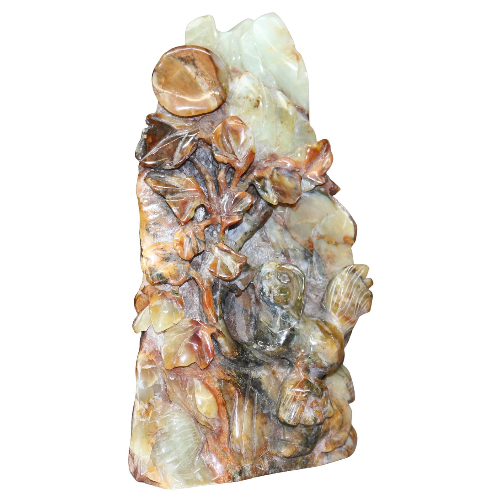 Emerald Onyx Chinese Sculpture with Fu Dogs and Foliage circa 1920: Emerald Onyx Chinese Sculpture with Fu Dogs and Foliage circa 1920 This antique Chinese sculpture from circa 1920 is finely carved from emerald onyx and features detailed figural representations of Fu