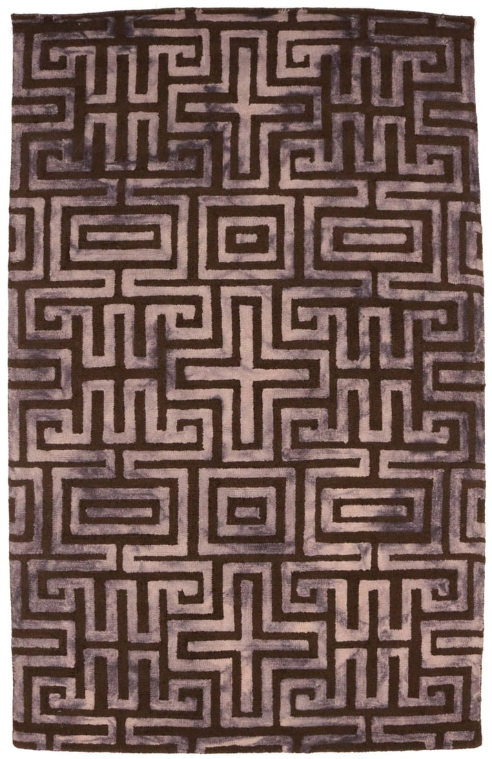 Hand-Tufted Wool Modern Area Rug with Brown Geometric Pattern 5x8: Hand-Tufted Wool Modern Area Rug with Brown Geometric Pattern 5x8 This contemporary area rug features a geometric design in brown and dark purple tones. Hand-tufted from wool, it offers a modern aesth