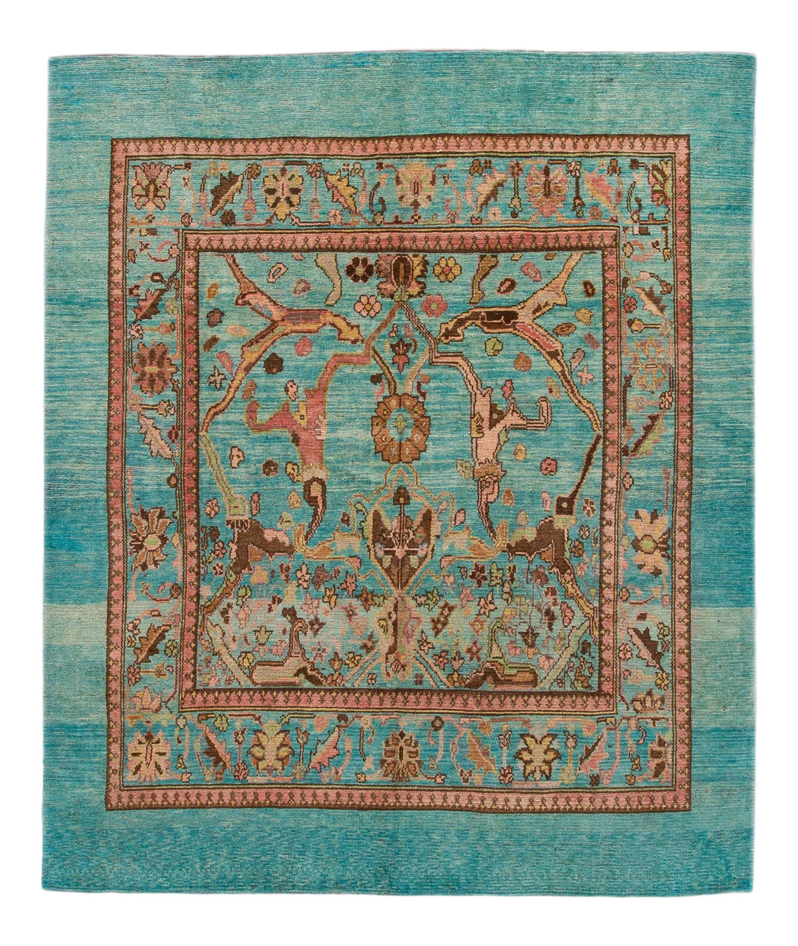 Handmade Teal Floral Wool Rug Modern Revival 7'2 x 8'4: Handmade Teal Floral Wool Rug Modern Revival 7'2 x 8'4 Enhance your living space with this stunning Modern Revival Handmade Teal Floral Wool Rug. Featuring a vibrant teal field, this hand-knotted wool