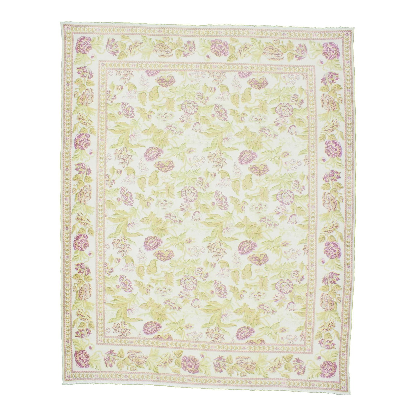 Spanish Cuenca Floral Hand-Knotted Wool Rug 12'1 x 14'10 Ivory: Spanish Cuenca Floral Hand-Knotted Wool Rug 12'1 x 14'10 Ivory Enhance your living space with this exquisite modern hand-knotted wool rug featuring a stunning floral design inspired by Spanish Cuenca