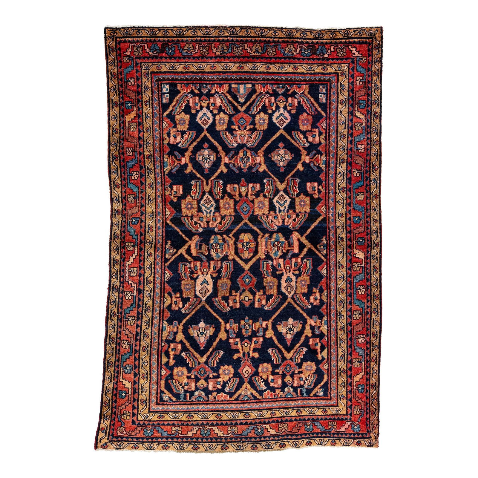 1960s Handmade Persian Kazak Wool Rug Navy Blue Geometric Design (1 of 7)