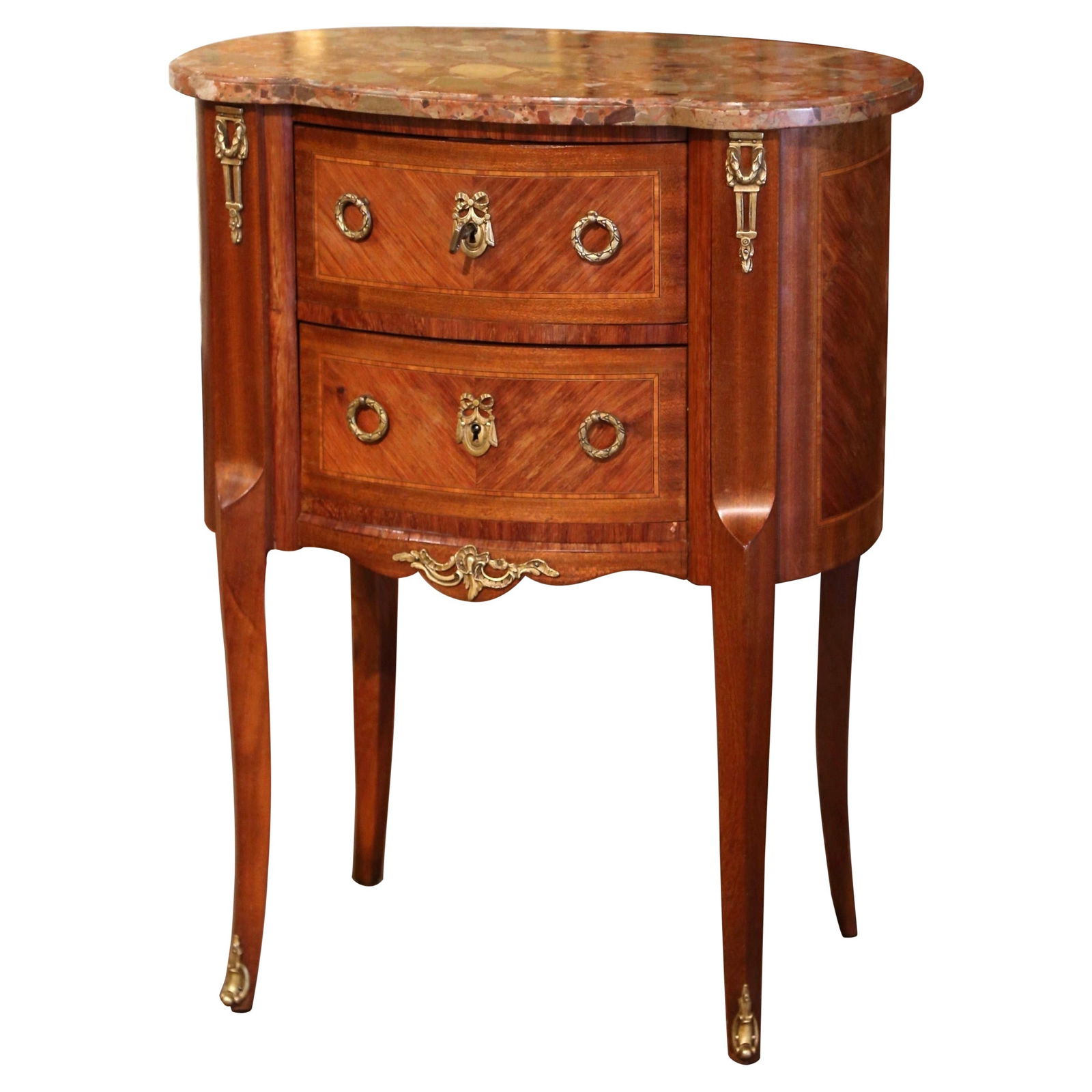 French Louis XV Kidney Commode With Breche d'Alep Marble and Walnut Veneer: French Louis XV Kidney Commode With Breche d'Alep Marble and Walnut Veneer This mid-century French commode features a distinctive kidney-shaped silhouette crafted from walnut with elegant marquetry an