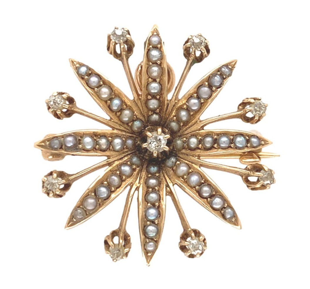 Victorian 13k Yellow Gold Starburst Brooch with Diamonds and Seed Pearls (1 of 9)