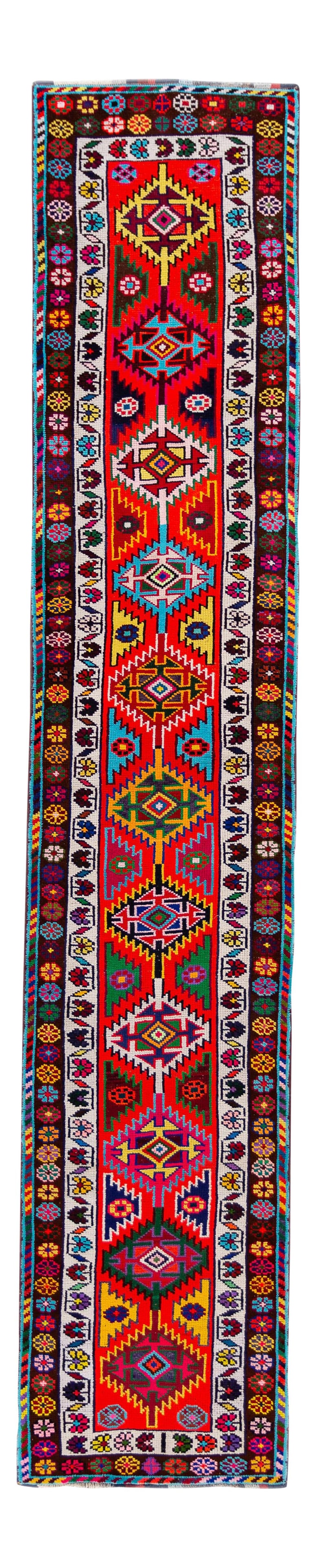 Vintage Turkish Anatolian Runner Rug Geometric Design Wool 2'8 x 13'8 Red: Vintage Turkish Anatolian Runner Rug Geometric Design Wool 2'8 x 13'8 Red This exquisite hand-knotted vintage Turkish Anatolian runner rug features a striking all-over geometric design that adds a tou