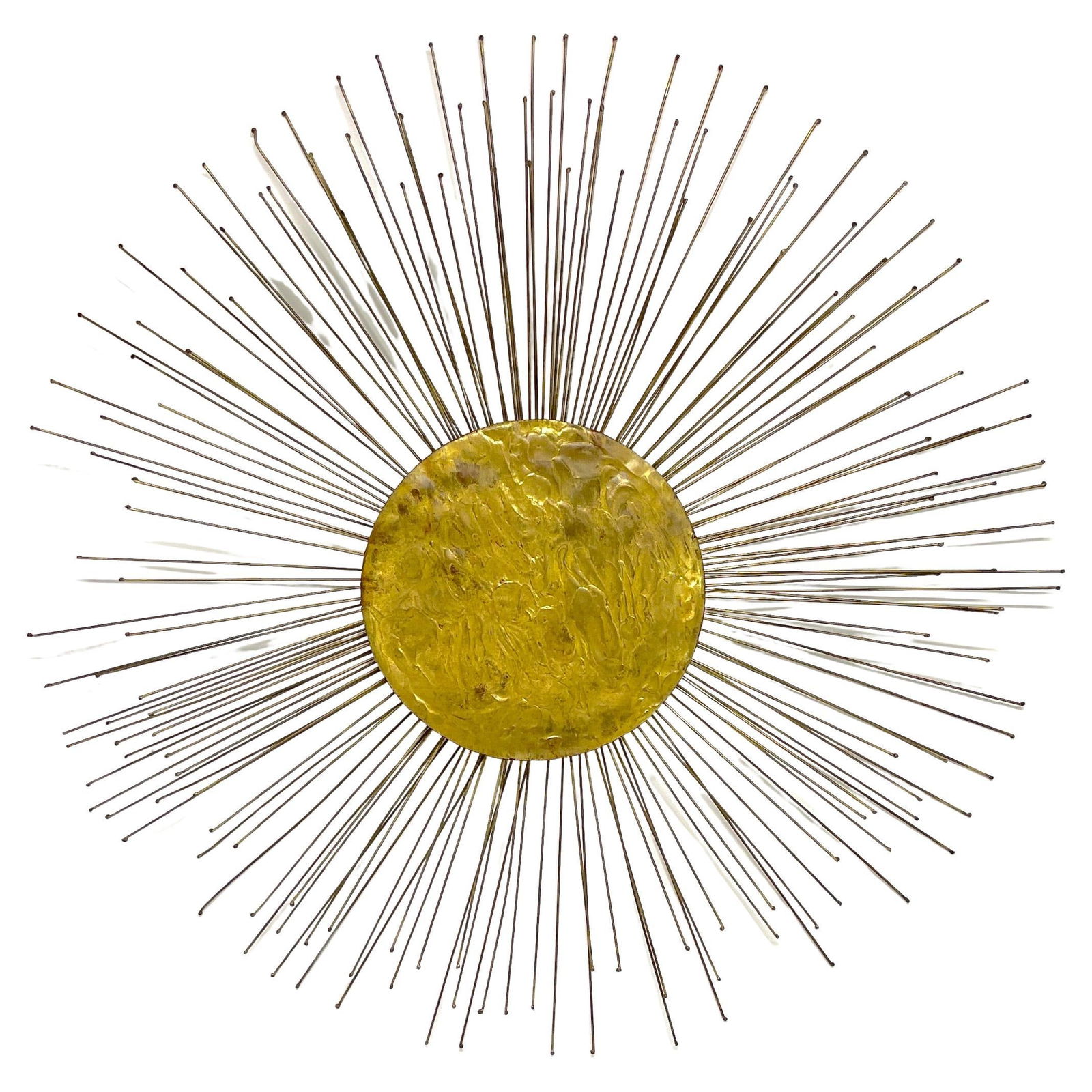 Midcentury Gilt Bronze Sunburst Wall Sculpture by William Friedle 34 in USA: Midcentury Gilt Bronze Sunburst Wall Sculpture by William Friedle 34 in USA This stunning Midcentury Gilt Bronze Sunburst Wall Sculpture is attributed to the renowned artist William Friedle. Crafted i