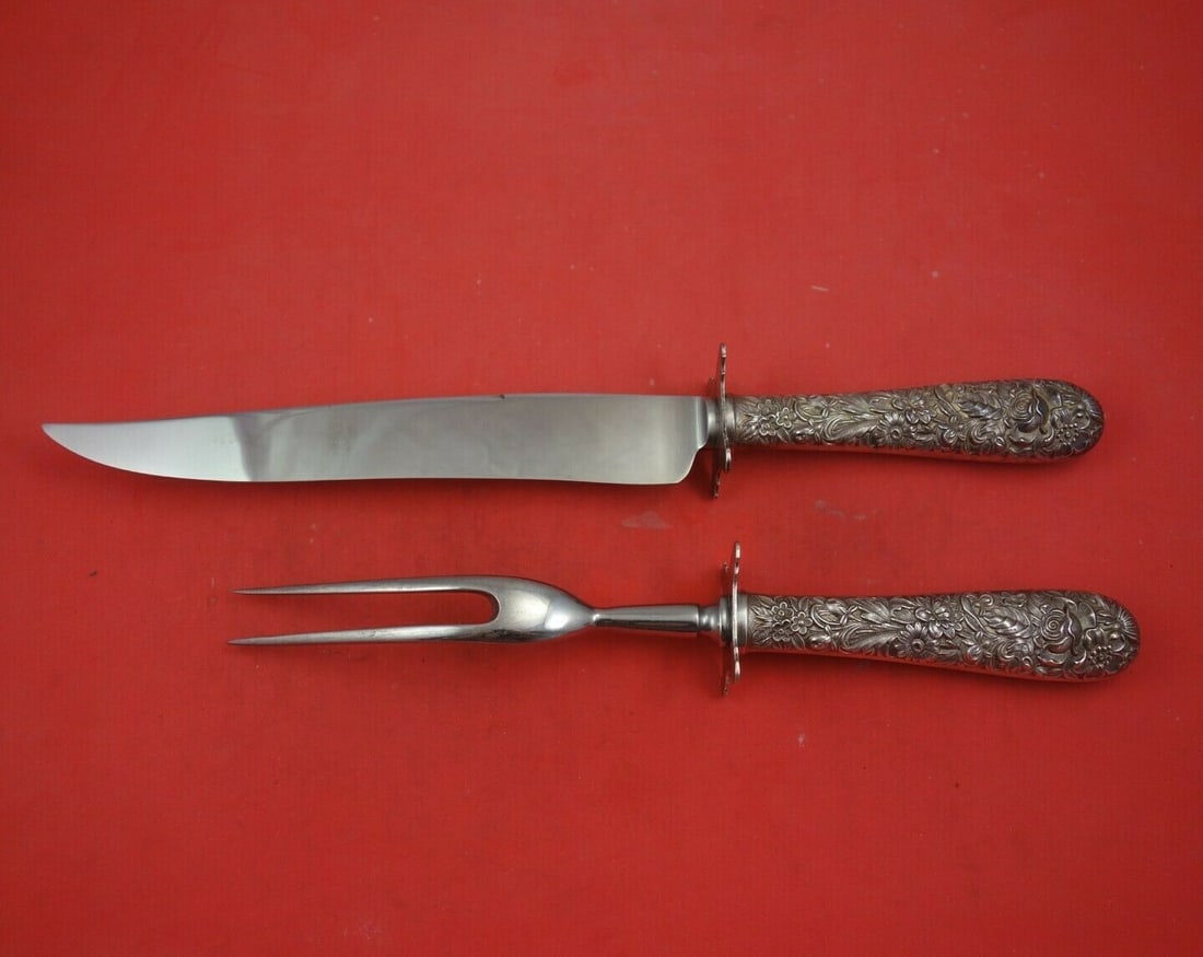 Kirk Repousse Sterling Silver 2pc Roast Carving Set Knife Fork (1 of 3)