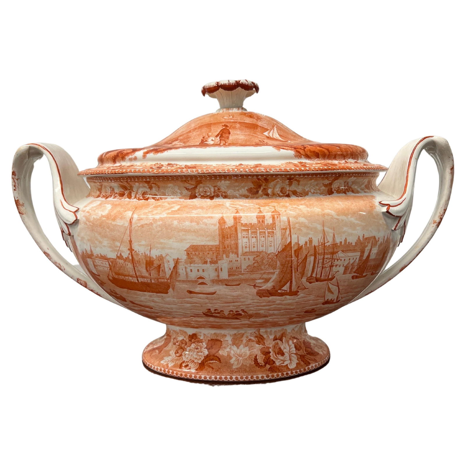 Rare 1840's Wedgwood Tower Of London Tureen Orange Transfer Pearlware (1 of 11)