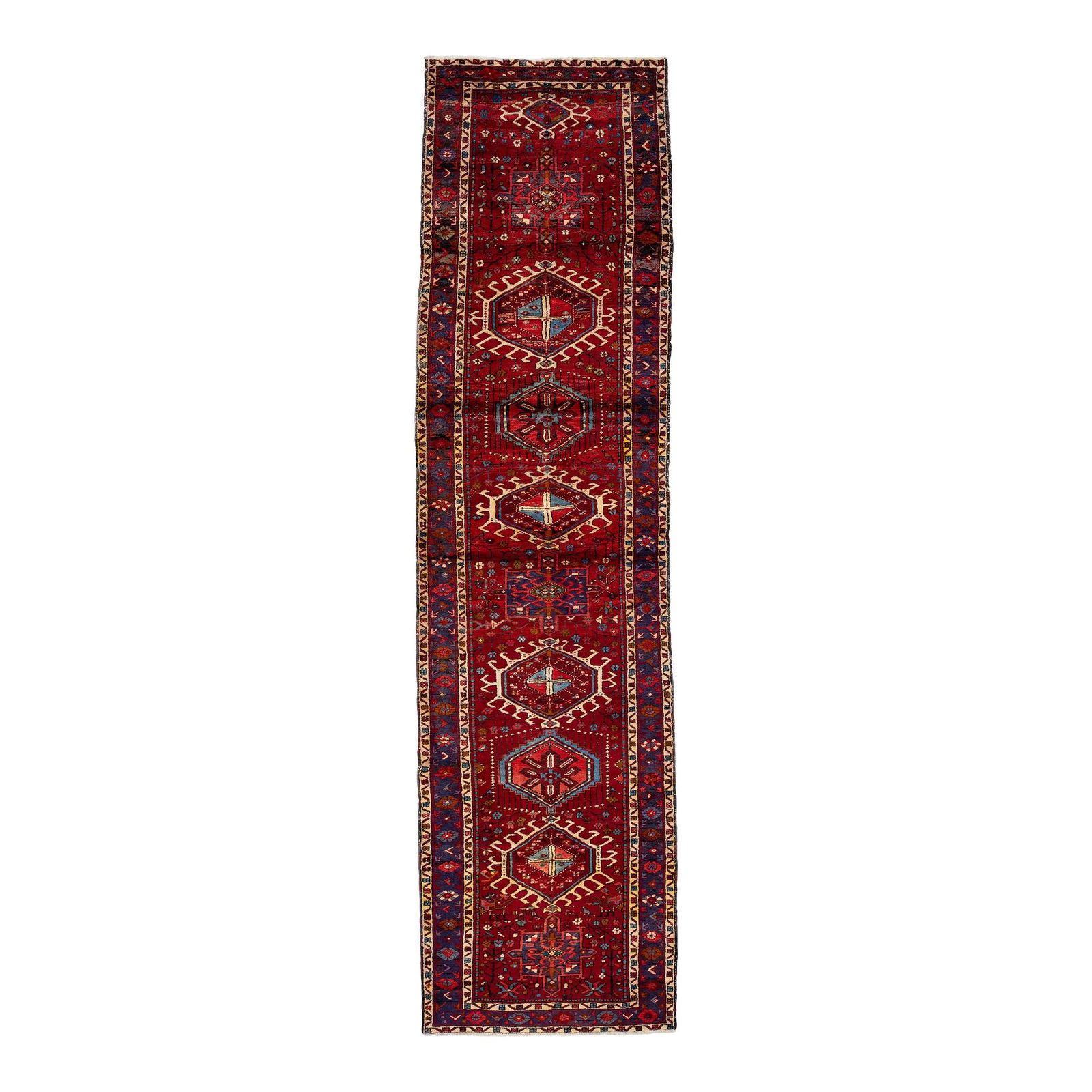 1960s Persian Heriz Handmade Wool Runner Red Medallion 3'7 x 7'10: 1960s Persian Heriz Handmade Wool Runner Red Medallion 3'7 x 7'10 This exquisite vintage Persian Heriz runner showcases a stunning hand-knotted wool construction, featuring a vibrant red color field b