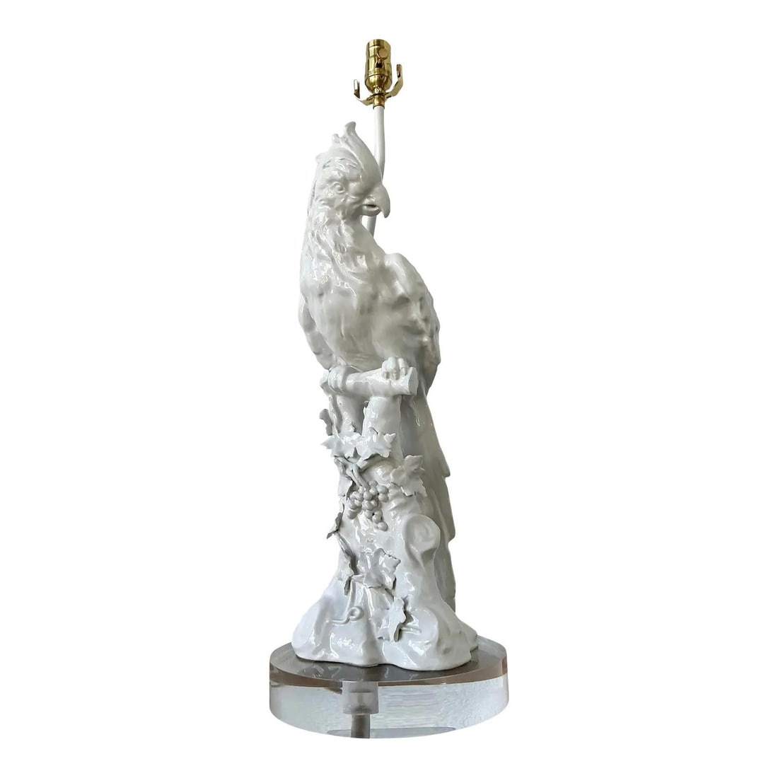 Hollywood Regency White Glazed Ceramic Cockatoo Table Lamp on Lucite Base (1 of 8)