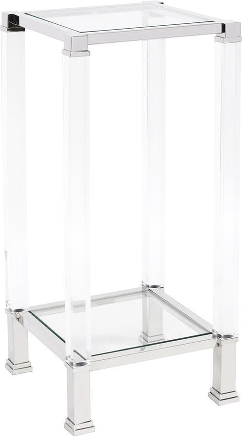 Howard Elliott Clare Pedestal Table Acrylic Stainless Steel Polished Silver: Howard Elliott Clare Pedestal Table Acrylic Stainless Steel Polished Silver Elevate your living space with the Chic Clare Table, a perfect blend of modern design and elegance. This pedestal table feat