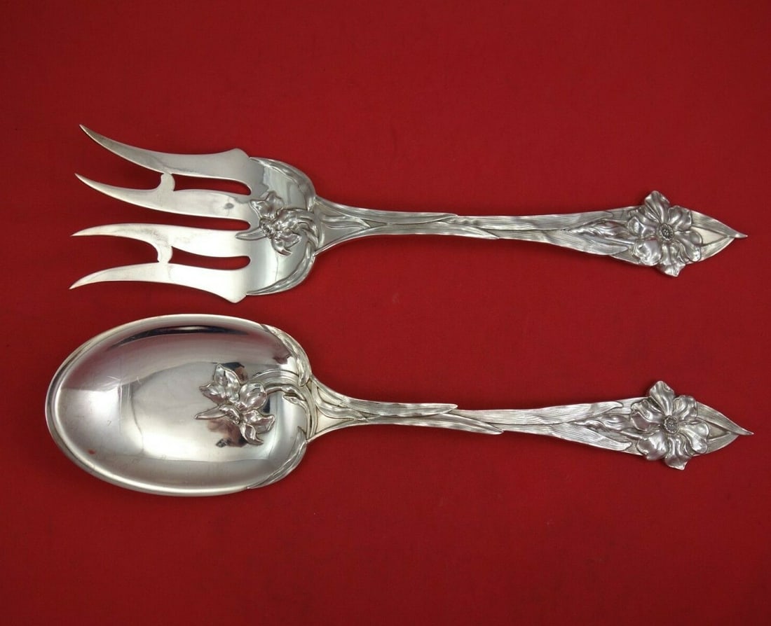Towle Narcissus Sterling Silver 2pc Salad Serving Set with Floral Leaf Design (1 of 7)