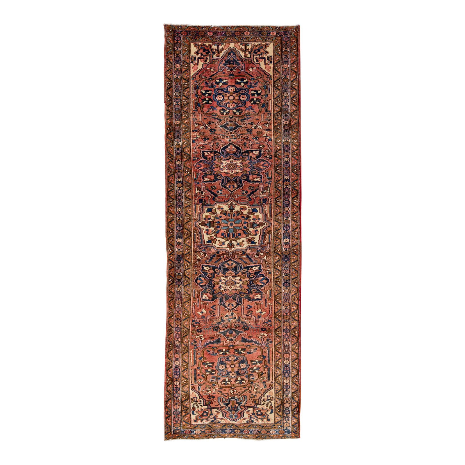 Vintage Persian Heriz Red Wool Runner 3'5 x 10'5 Handmade Medallion: Vintage Persian Heriz Red Wool Runner 3'5 x 10'5 Handmade Medallion Enhance your space with this exquisite vintage Persian Heriz hand-knotted wool runner, showcasing a stunning red color field complem