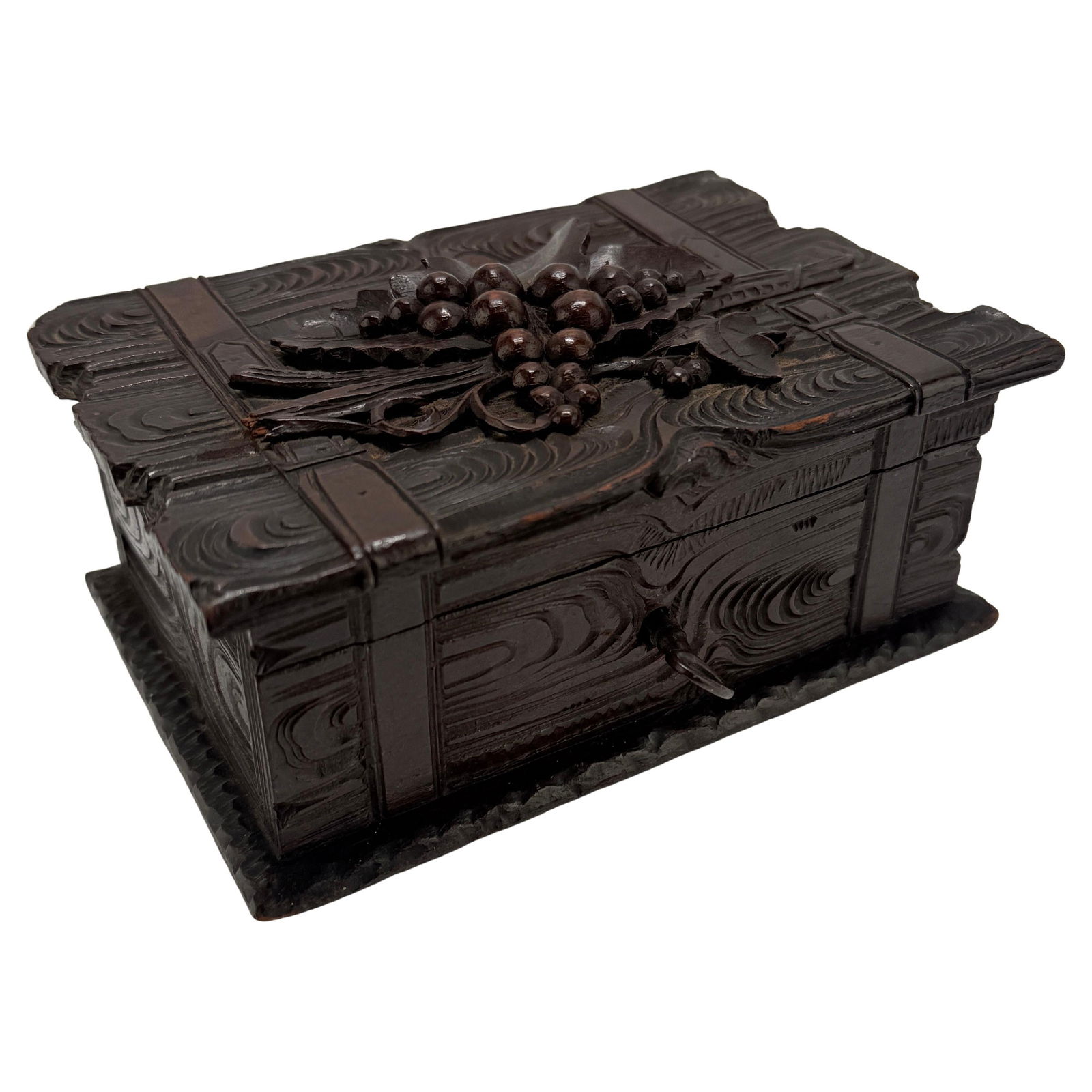 19th Century Black Forest Carved Walnut Presentation Box in Book Form: 19th Century Black Forest Carved Walnut Presentation Box in Book Form This exquisite 19th Century Black Forest carved softwood presentation box showcases remarkable craftsmanship from the Black Forest