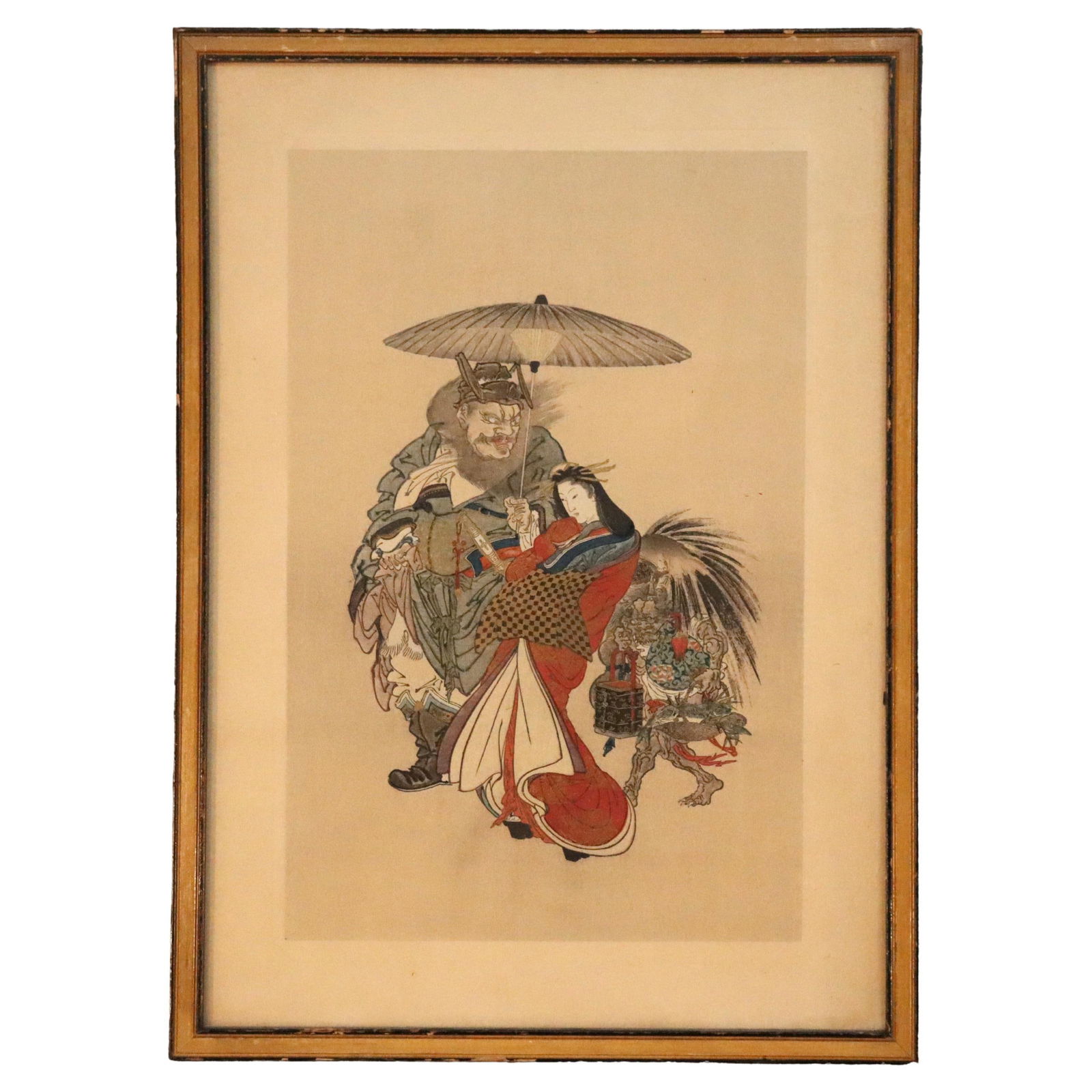 1920 Antique Japanese Wood Block Print Geisha and Shoki Framed (1 of 7)