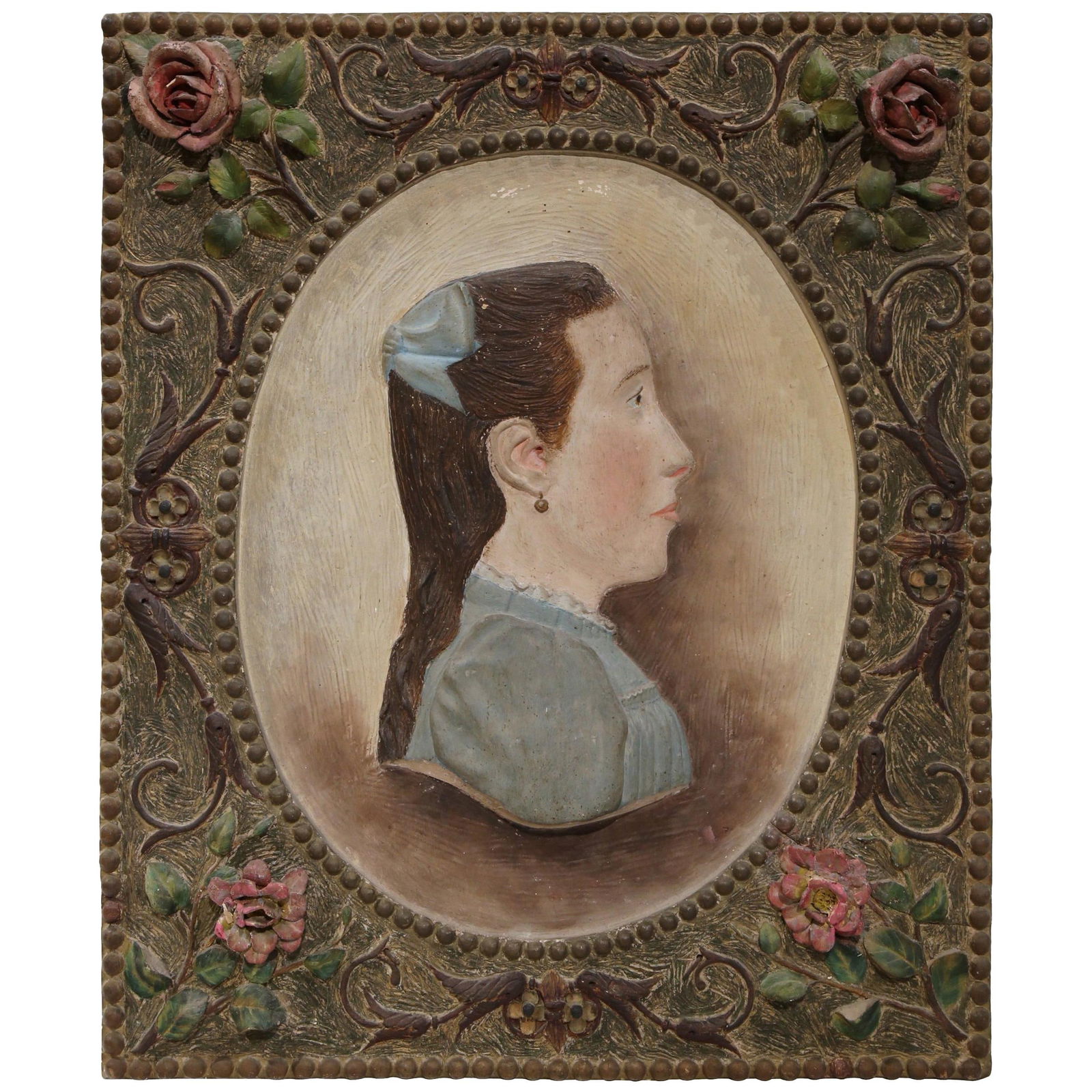 19th Century French Terracotta Portrait Plaque Young Woman Hand-Painted: 19th Century French Terracotta Portrait Plaque Young Woman Hand-Painted This exquisite 19th Century French terracotta portrait plaque features a young woman elegantly depicted in profile, adorned with