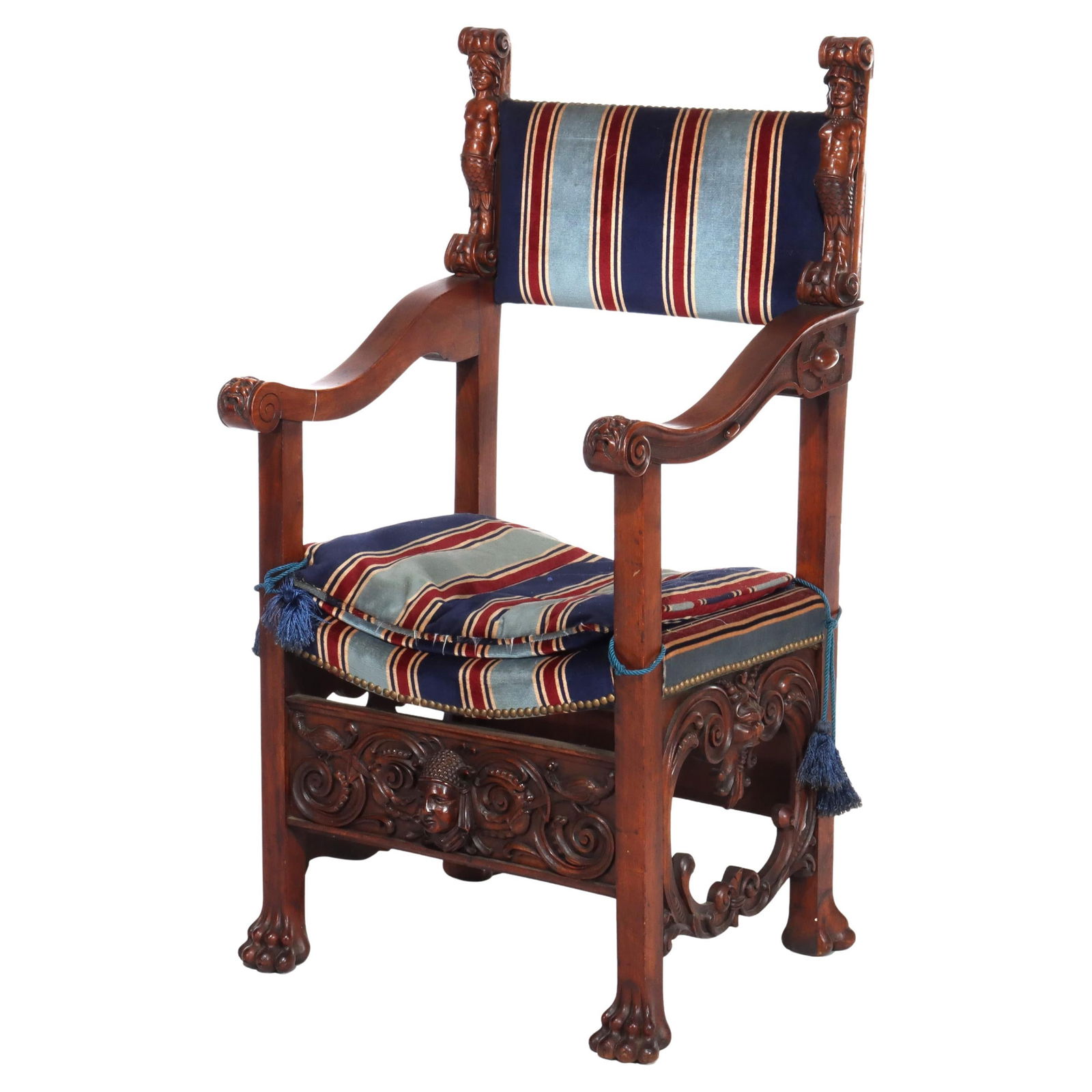 19th Century Italian Baroque Walnut Throne Chair C1890 with Figural Carvings: 19th Century Italian Baroque Walnut Throne Chair C1890 with Figural Carvings This exquisite Italian Baroque throne chair, crafted from walnut and dating back to circa 1890, showcases the remarkable ar