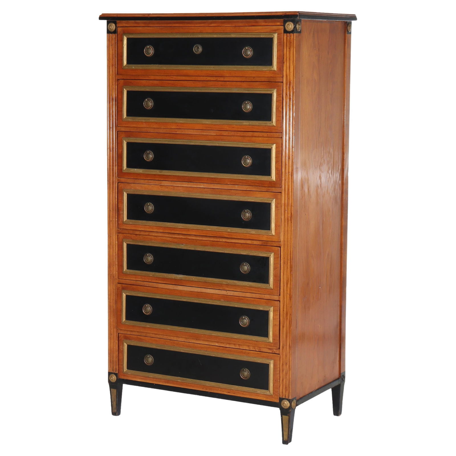 Italian Cherry Semainier with Ebonized and Gilt Accents Seven Drawers Circa 1930: Italian Cherry Semainier with Ebonized and Gilt Accents Seven Drawers Circa 1930 This antique Italian semainier from the early 20th century features seven drawers crafted from cherry wood, finished wi