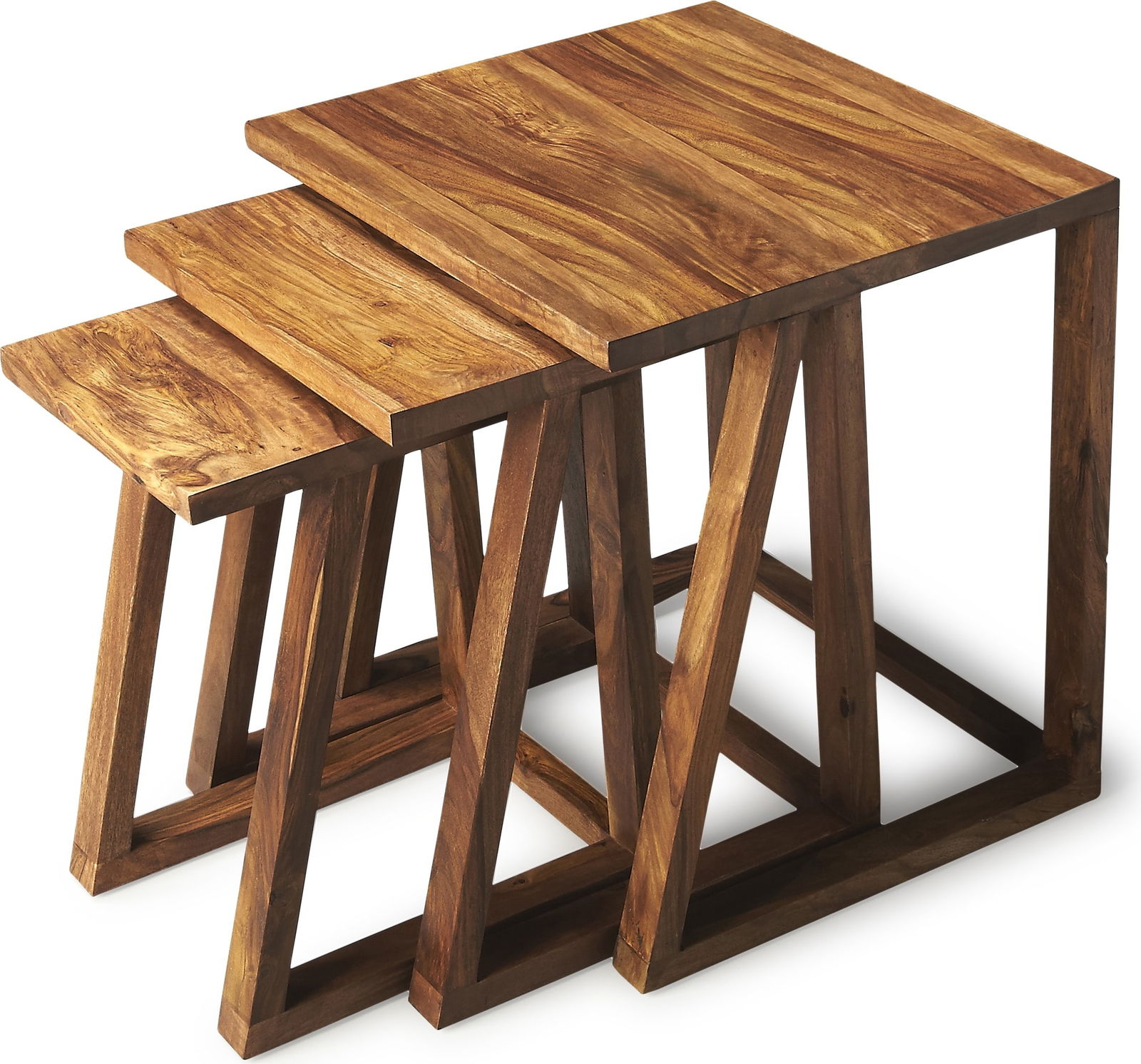 Butler Mid-Century Mira Nesting Tables with Adjustable Heights in Sheesham Wood: Butler Mid-Century Mira Nesting Tables with Adjustable Heights in Sheesham Wood This set of Mid-Century Mira Nesting Tables combines style and functionality with adjustable heights to suit your