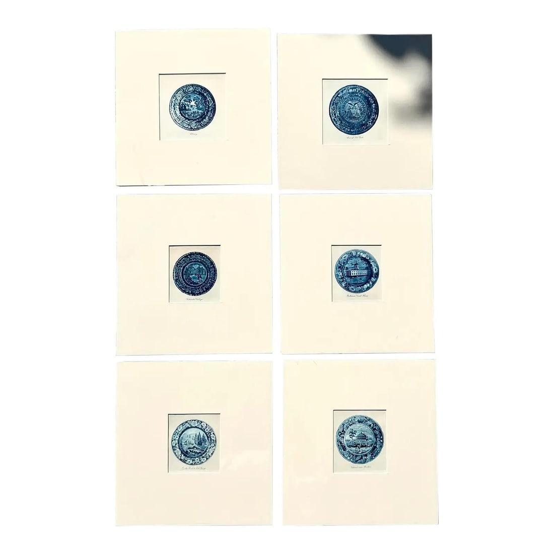 Set of 6 Matted Blue and White Chinoiserie Transferware Art Prints: Set of 6 Matted Blue and White Chinoiserie Transferware Art Prints This set of six vintage prints showcases classic 19th-century blue and white transferware designs, featuring Chinoiserie motifs such