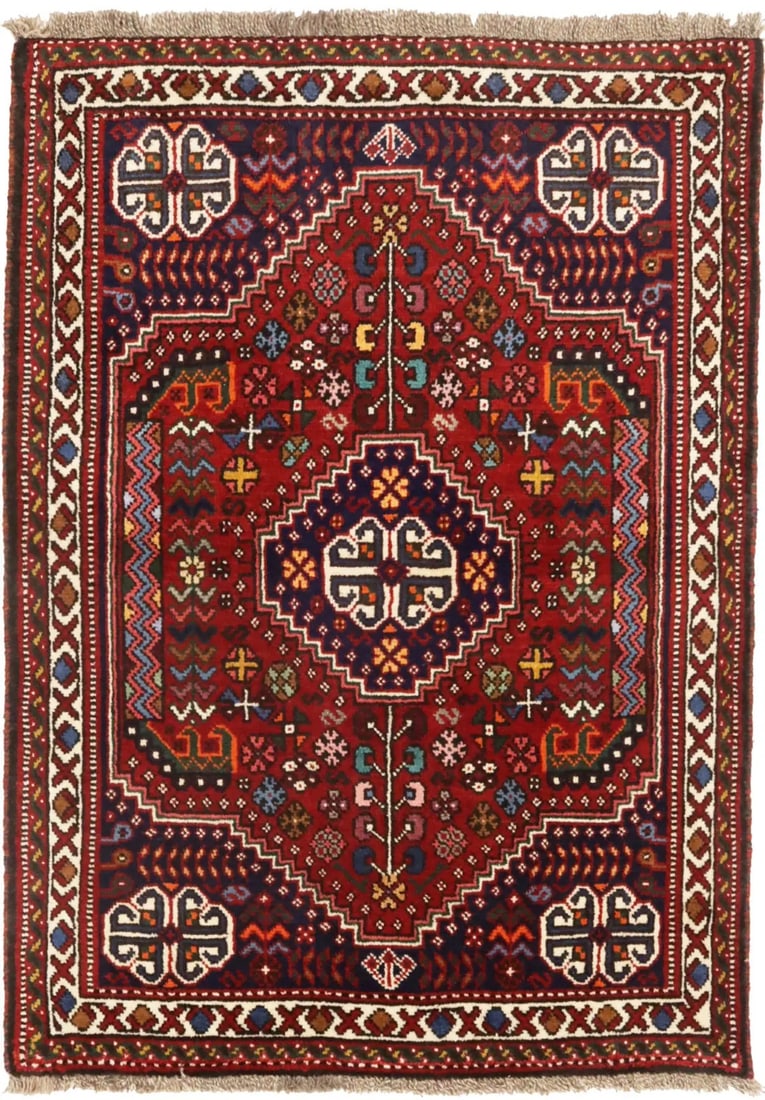 Hand-Knotted 3'5 x 5 Tribal Design Wool Area Rug Red Decor: Hand-Knotted 3'5 x 5 Tribal Design Wool Area Rug Red Decor Enhance your space with this stunning small tribal design area rug, ideal for farmhouse decor. Measuring 3'5" x 4'10", this handcrafted