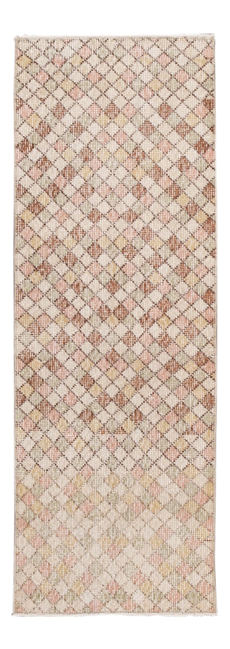 Vintage Turkish Art Deco Wool Runner 1'7" x 5' Geometric Design: Vintage Turkish Art Deco Wool Runner 1'7" x 5' Geometric Design This stunning vintage Turkish Art Deco runner rug is a hand-knotted piece crafted from high-quality wool. Featuring a vibrant multi-colo