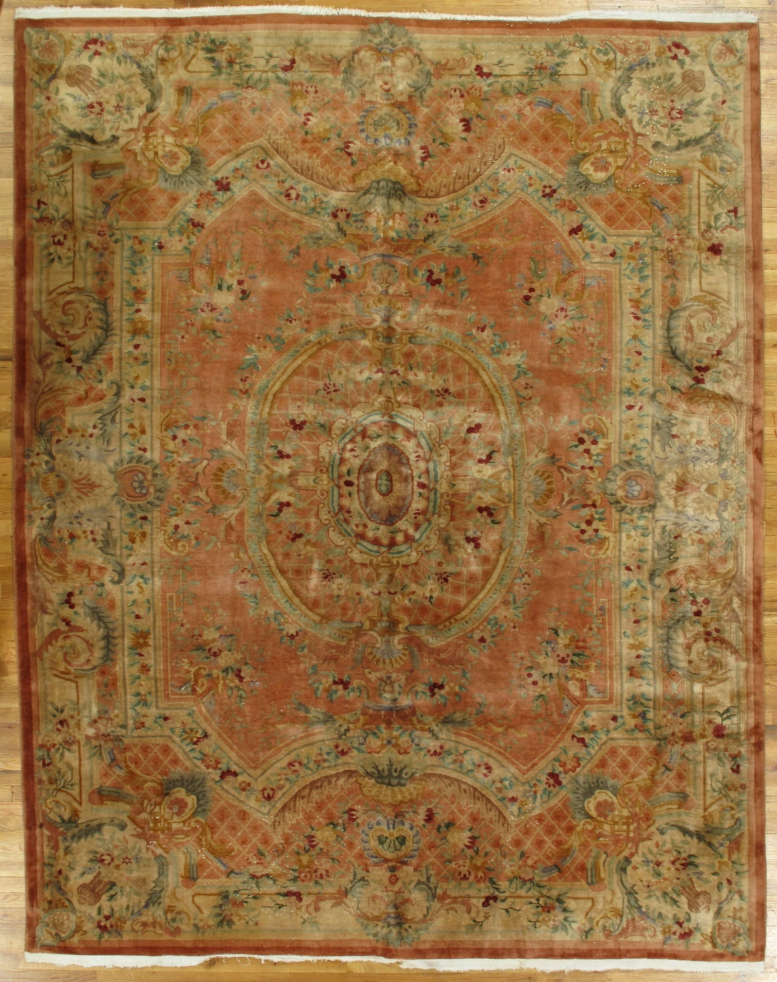 Handmade 8'11 x 11'3 Light Orange Aubusson Area Rug from China: Handmade 8'11 x 11'3 Light Orange Aubusson Area Rug from China Free continental US Shipping Enhance your home decor with the exquisite 8.11 x 11.3 Light Orange Antique French Aubusson Rug. This stunni