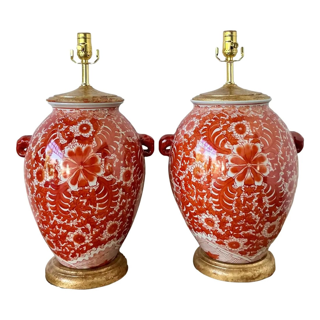 Pair of Rouge de Fer Ceramic Table Lamps with Gold Leaf Bases (1 of 10)