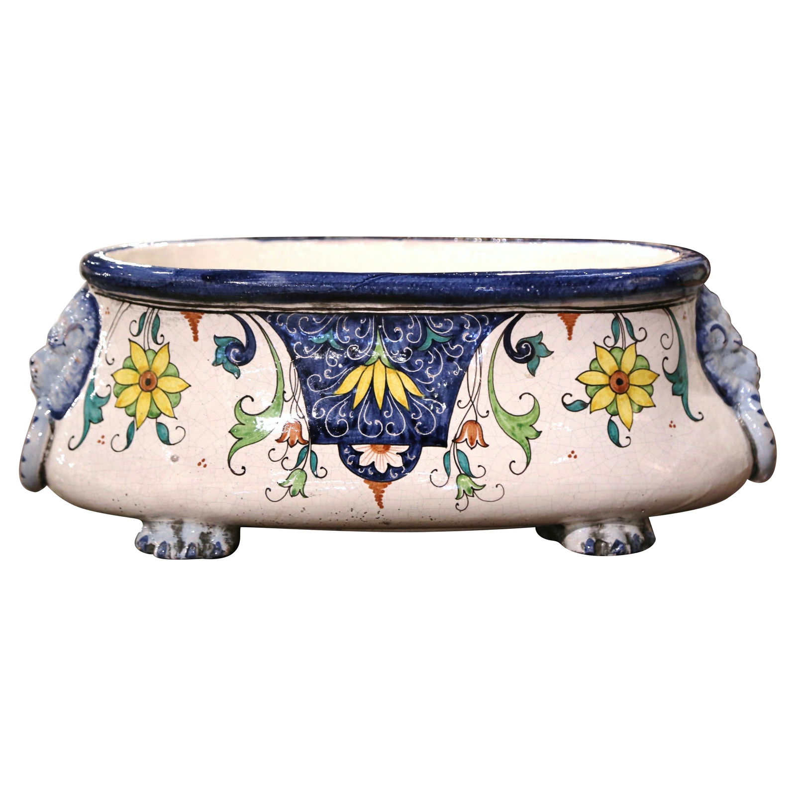 Vintage French Hand-Painted Faience Jardiniere with Lion Head Handles: Vintage French Hand-Painted Faience Jardiniere with Lion Head Handles This exquisite early 20th century French jardiniere is a stunning example of hand-painted faience craftsmanship. Measuring 21 inch