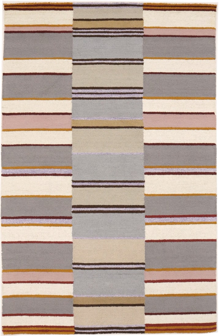 5x8 Wool Area Rug with Hand-Tufted Multicolor Striped Modern Pattern: 5x8 Wool Area Rug with Hand-Tufted Multicolor Striped Modern Pattern This modern area rug features a multicolored striped design and is hand-tufted from wool. Its rectangular shape and high pile heigh