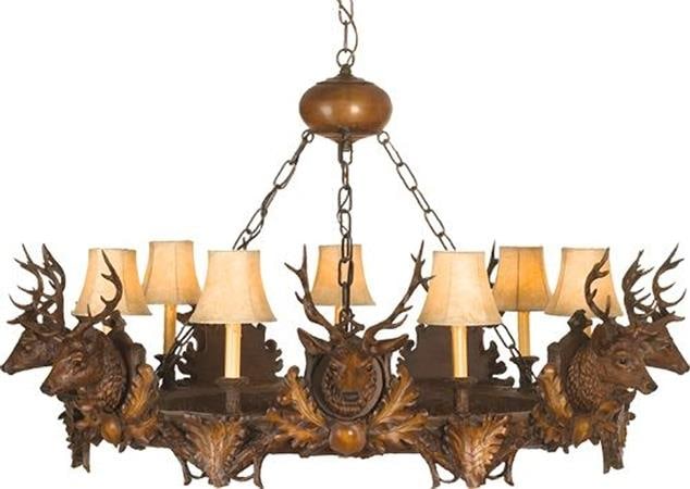 Hand-Cast Rustic Stag Chandelier with 7 Stag Heads in Chestnut Finish: Hand-Cast Rustic Stag Chandelier with 7 Stag Heads in Chestnut Finish This item is made at time of order. Please allow 42 to 70 days for production. Illuminate your space with this exquisite Hand-Cast