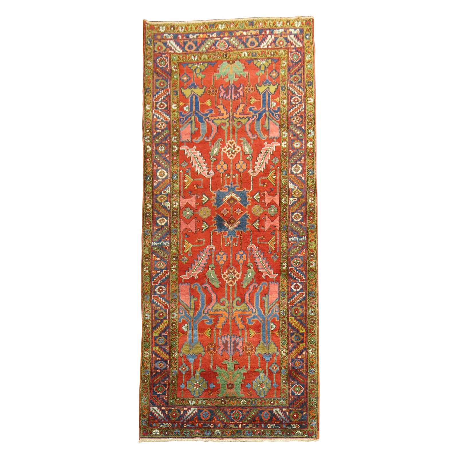 Vibrant 20th Century Persian Heriz Wool Runner 43 x 103 in: Vibrant 20th Century Persian Heriz Wool Runner 43 x 103 in This stunning 20th Century Persian Heriz wide runner features a vibrant red field adorned with bright green, blue, and pink accents. Hand-wov