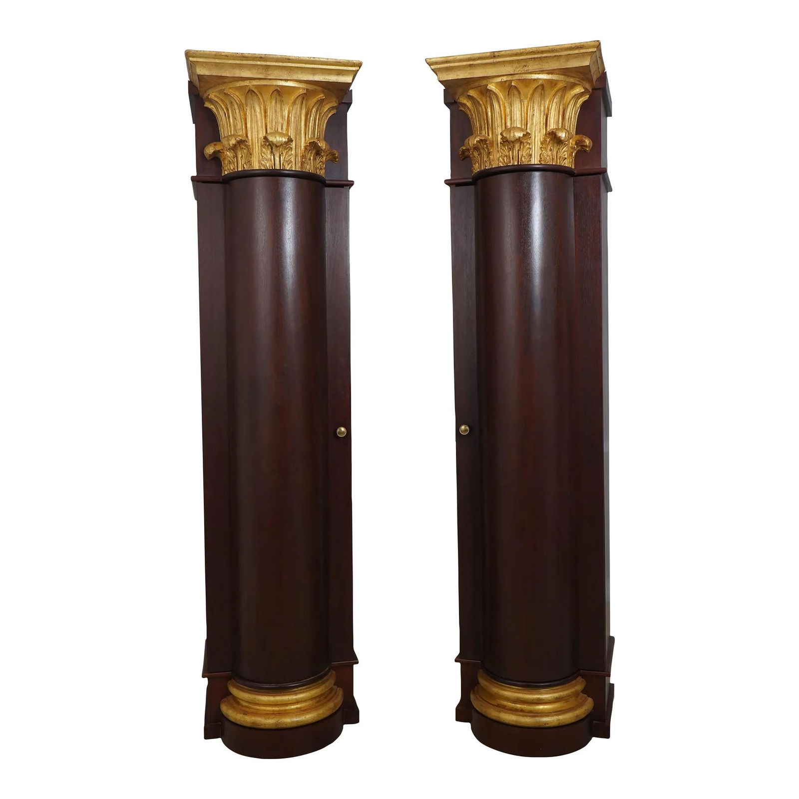 Elegant Large Column Cabinets with Gold Leaf Detailing: Elegant Large Column Cabinets with Gold Leaf Detailing This exquisite pair of custom crafted large column cabinets showcases fine craftsmanship and timeless design. Each cabinet features finely carved