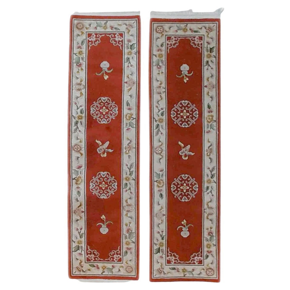 Chinese Nichols Oriental Wool Rug Runners Pair C1950: Chinese Nichols Oriental Wool Rug Runners Pair C1950 Enhance your space with this exquisite matching pair of Chinese Nichols Oriental wool rug runners from circa 1950. Each runner boasts a vibrant red