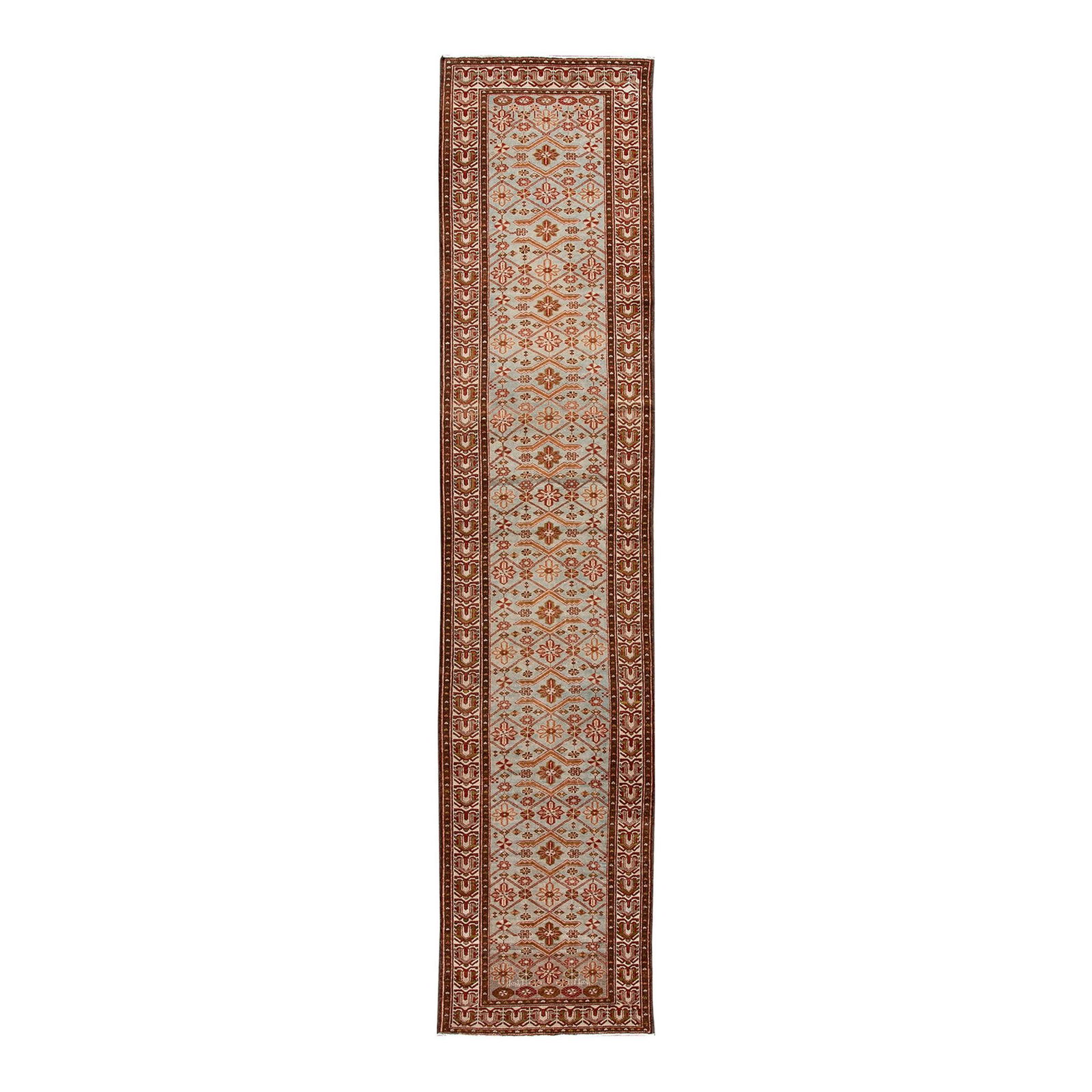 Antique Malayer Hand-Knotted Wool Rug Gray Floral Design 3'5 x 16'3: Antique Malayer Hand-Knotted Wool Rug Gray Floral Design 3'5 x 16'3 This vintage Malayer handmade wool runner showcases a stunning all-over floral design featuring accents in brown, peach, and red aga