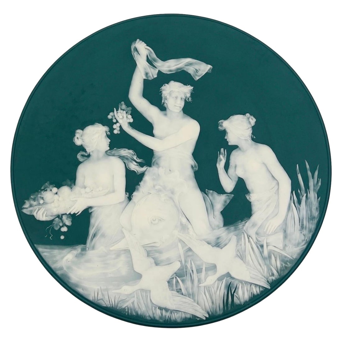 Jean Baptiste Stahl Bacchanalian 21 Inch Neoclassical Phanolith Charger: Jean Baptiste Stahl Bacchanalian 21 Inch Neoclassical Phanolith Charger This exquisite Neoclassical Phanolith Charger, designed by Jean Baptist Stahl for the renowned Mettlach factory of Villeroy and