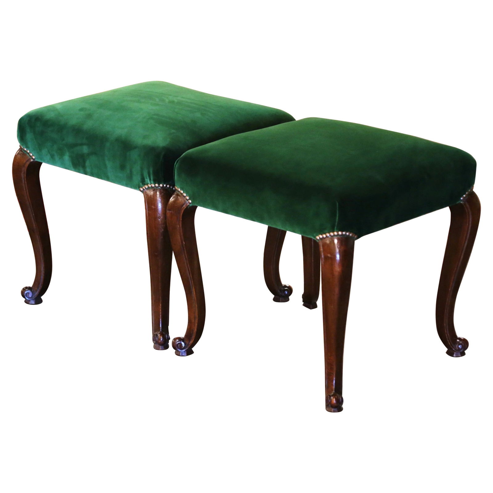 Set of 2 French Louis XV Style Walnut Stools with Green Velvet Upholstery (1 of 8)