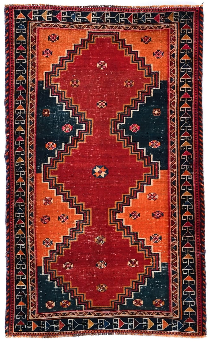 Vintage Semi-Antique Tribal Wool Rug 3'7 x 5'10 Boho Decor: Vintage Semi-Antique Tribal Wool Rug 3'7 x 5'10 Boho Decor Enhance your living space with this semi-antique tribal oriental rug, featuring a stunning geometric pattern in muted tones of red, orange, d
