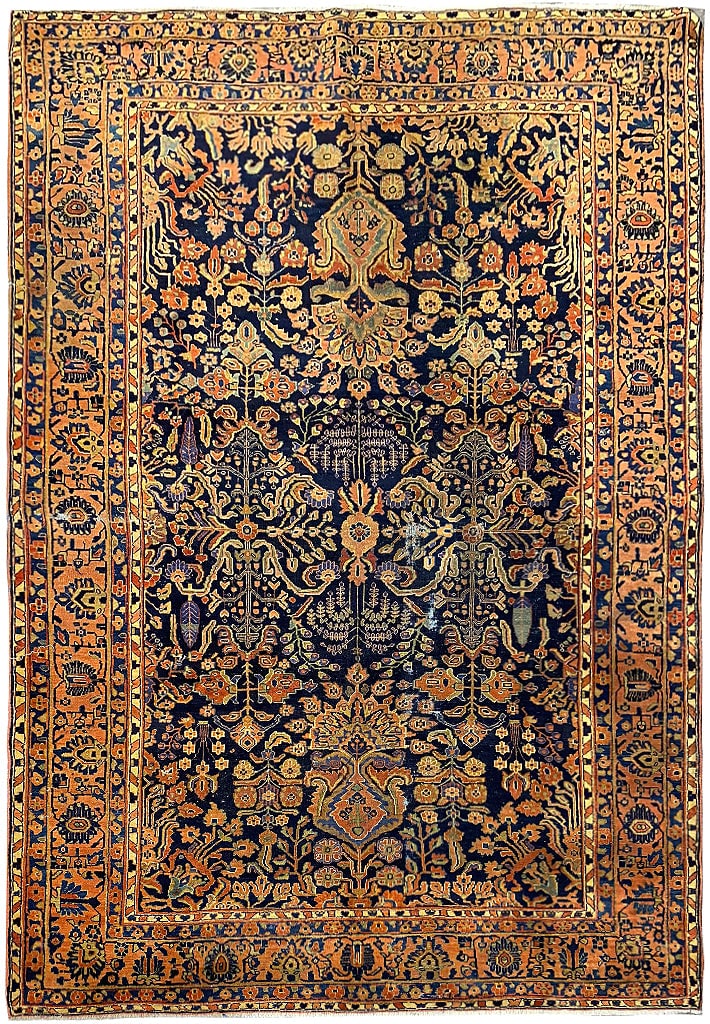Authentic Antique Persian Sarouk Mohajeran Rug 6' x 9' Blue Wool: Authentic Antique Persian Sarouk Mohajeran Rug 6' x 9' Blue Wool Free continental US Shipping Discover the exquisite beauty of this 6' x 8.8' Authentic Antique Persian Blue Sarouk Mohajeran Rug, a tru