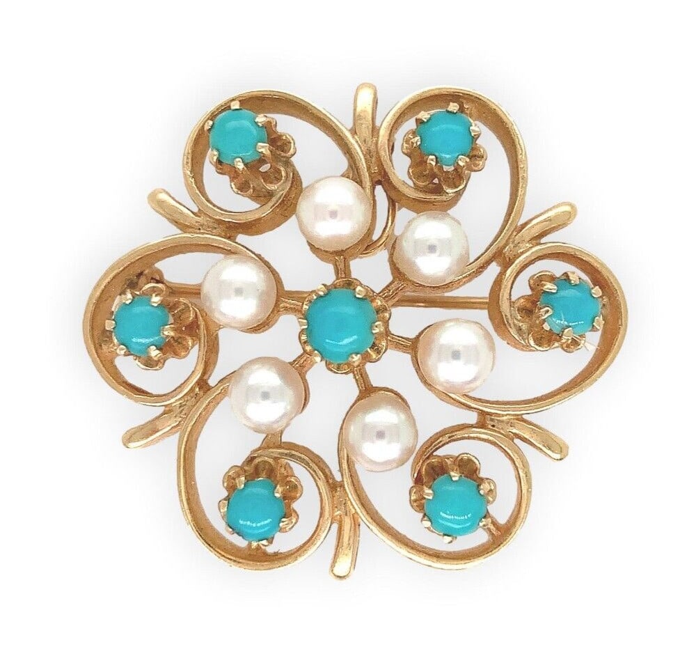 14k Yellow Gold Flower Brooch with Turquoise and Pearl 1940s (1 of 8)