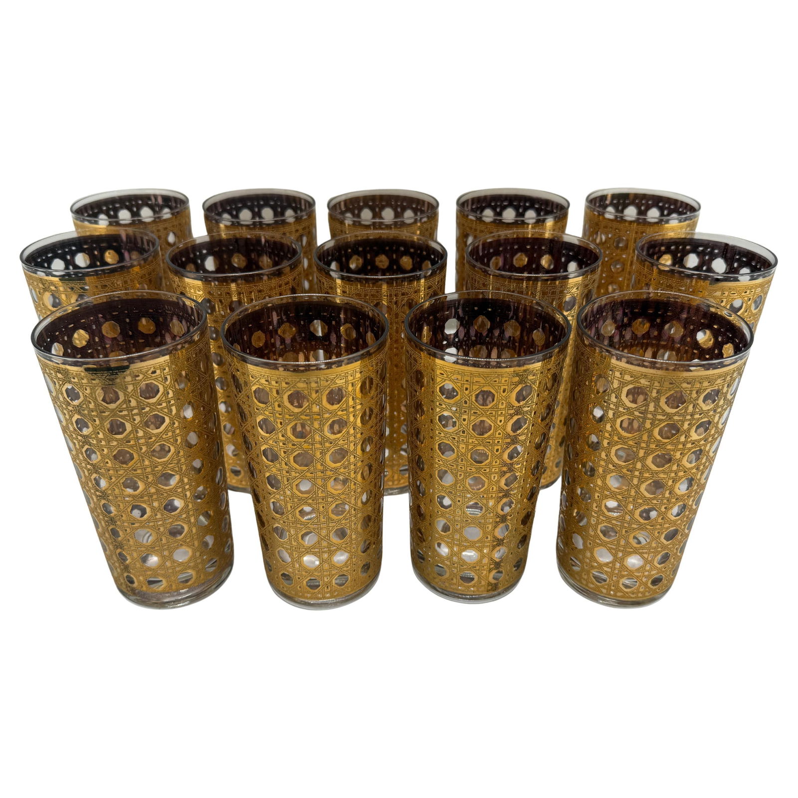 Set of 8 Culver Ltd. Cannella Highball Glasses 22K Gold MCM 1960: Set of 8 Culver Ltd. Cannella Highball Glasses 22K Gold MCM 1960 This exceptional set of 8 highball glasses showcases the iconic "Cannella" pattern designed by Culver Ltd., New York, circa 1960. Craft