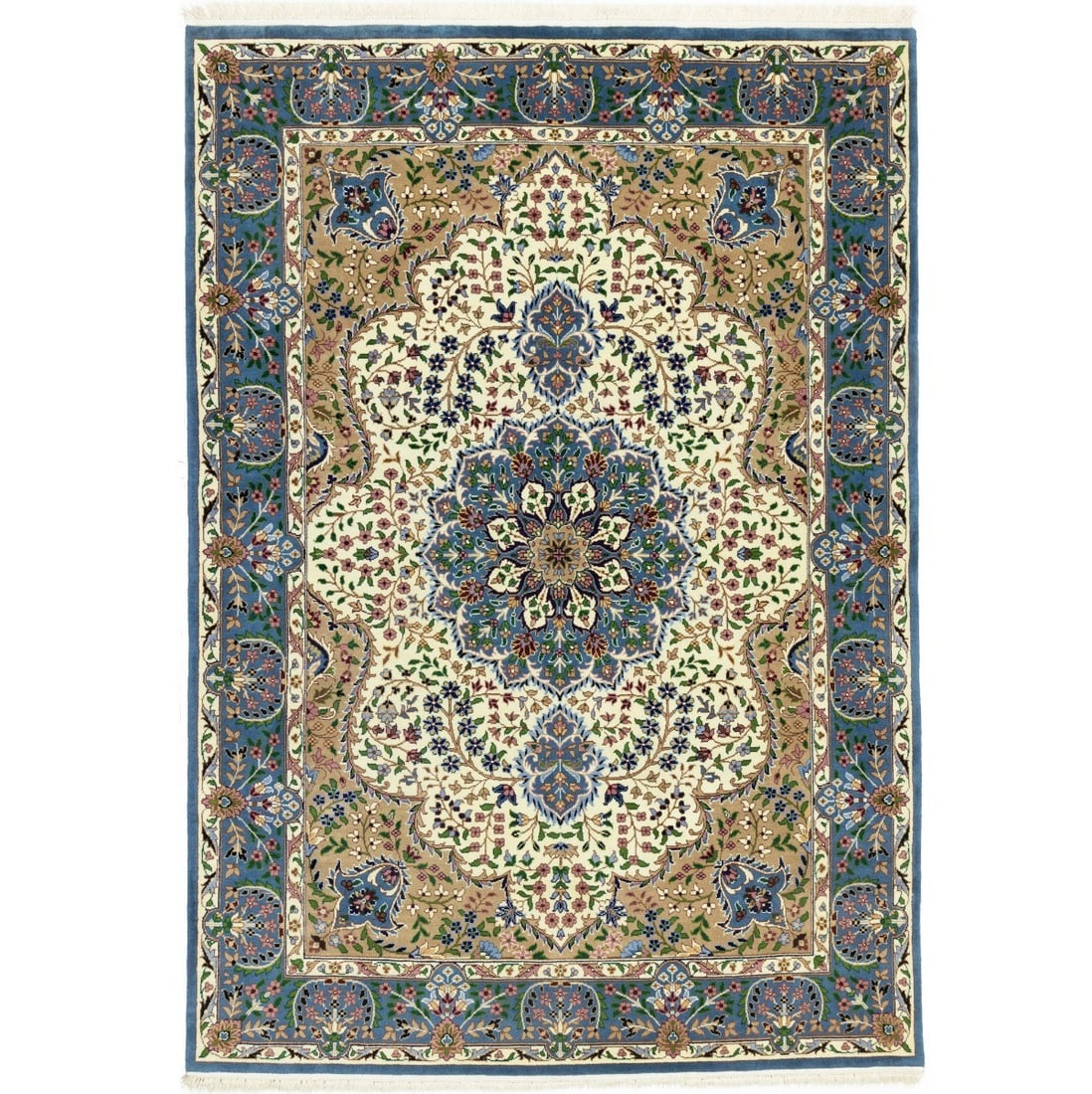 Hand-Knotted Kirman Floral Wool Rug 6'5 x 9'2 Cream Multicolor: Hand-Knotted Kirman Floral Wool Rug 6'5 x 9'2 Cream Multicolor This handmade Kirman rug features a traditional floral pattern in cream, blue, beige, brown, pink, green, maroon, and red tones. Hand-kno