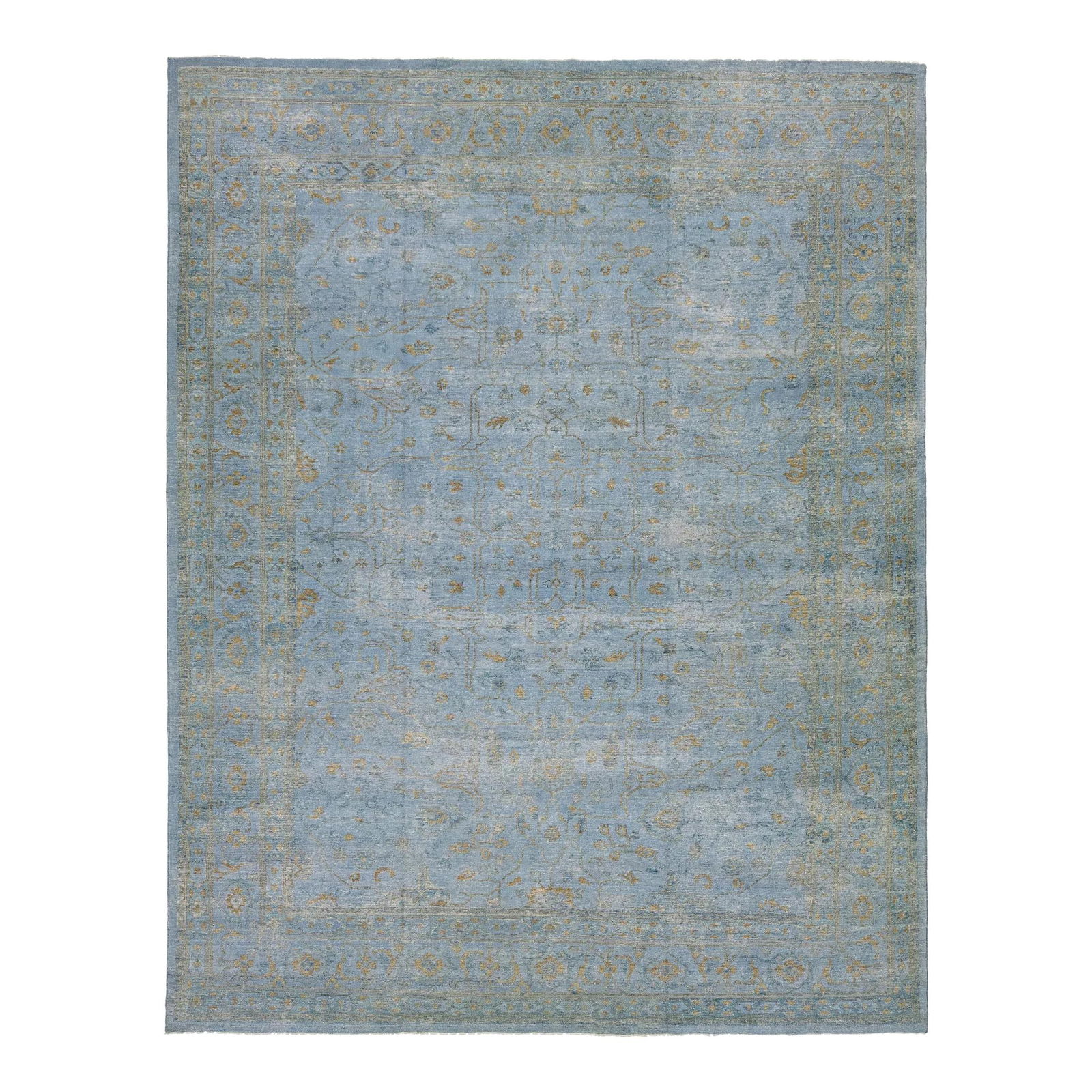 Handmade Oushak Style Wool Rug Blue Gold Floral 11'9 x 15': Handmade Oushak Style Wool Rug Blue Gold Floral 11'9 x 15' Elevate your space with this exquisite handmade Oushak rug, featuring a striking blue field adorned with an intricate all-over golden floral